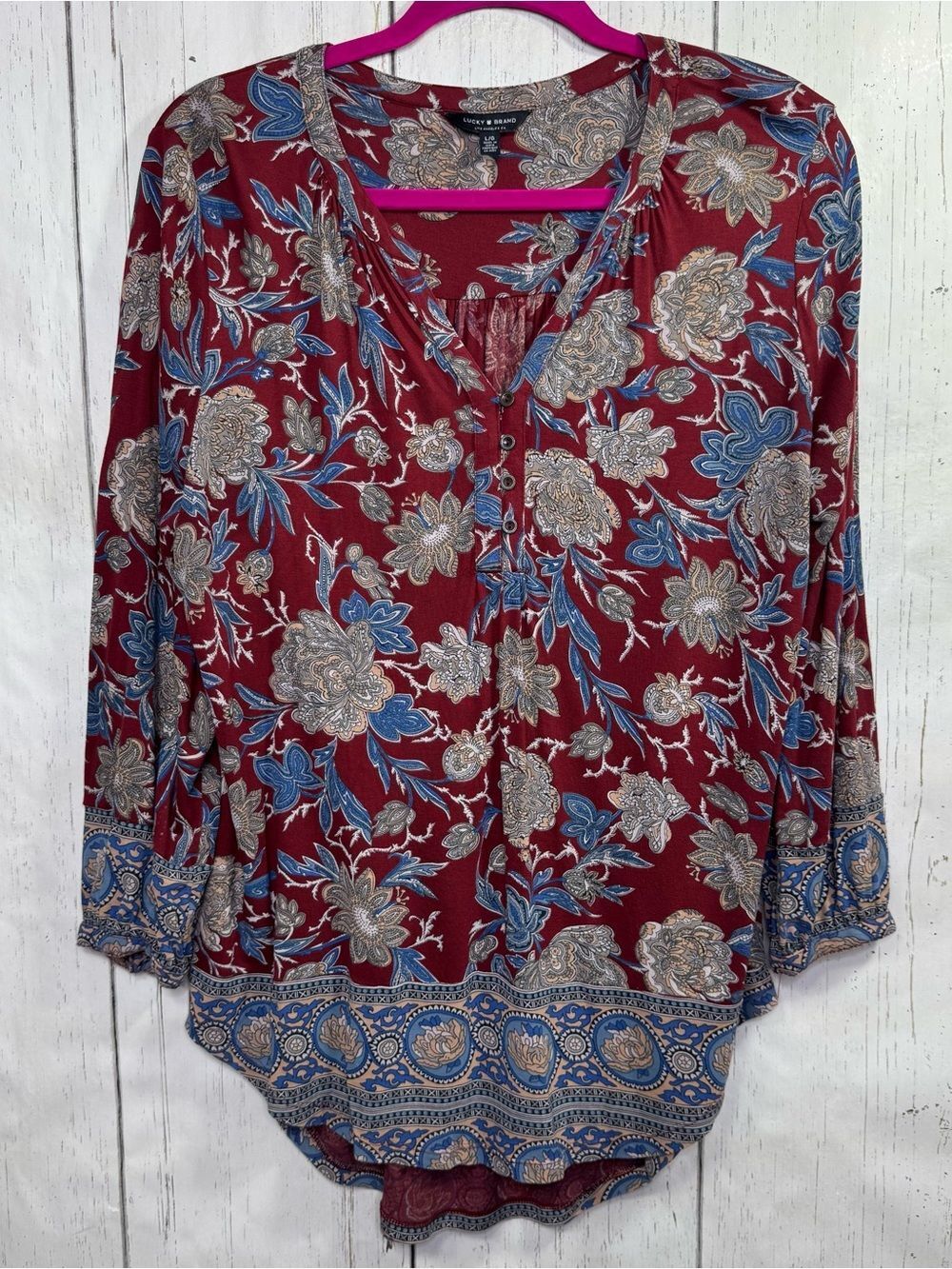 Lucky Brand Burgundy Floral Paisley Peasant Blouse Western Boho Festival Size L